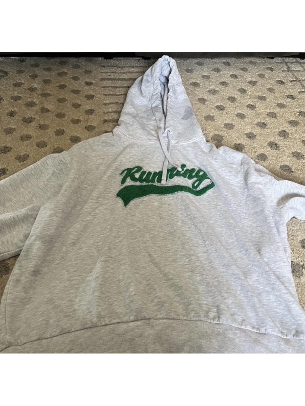 Gray Hoodie with Green Accent and White Size Tag